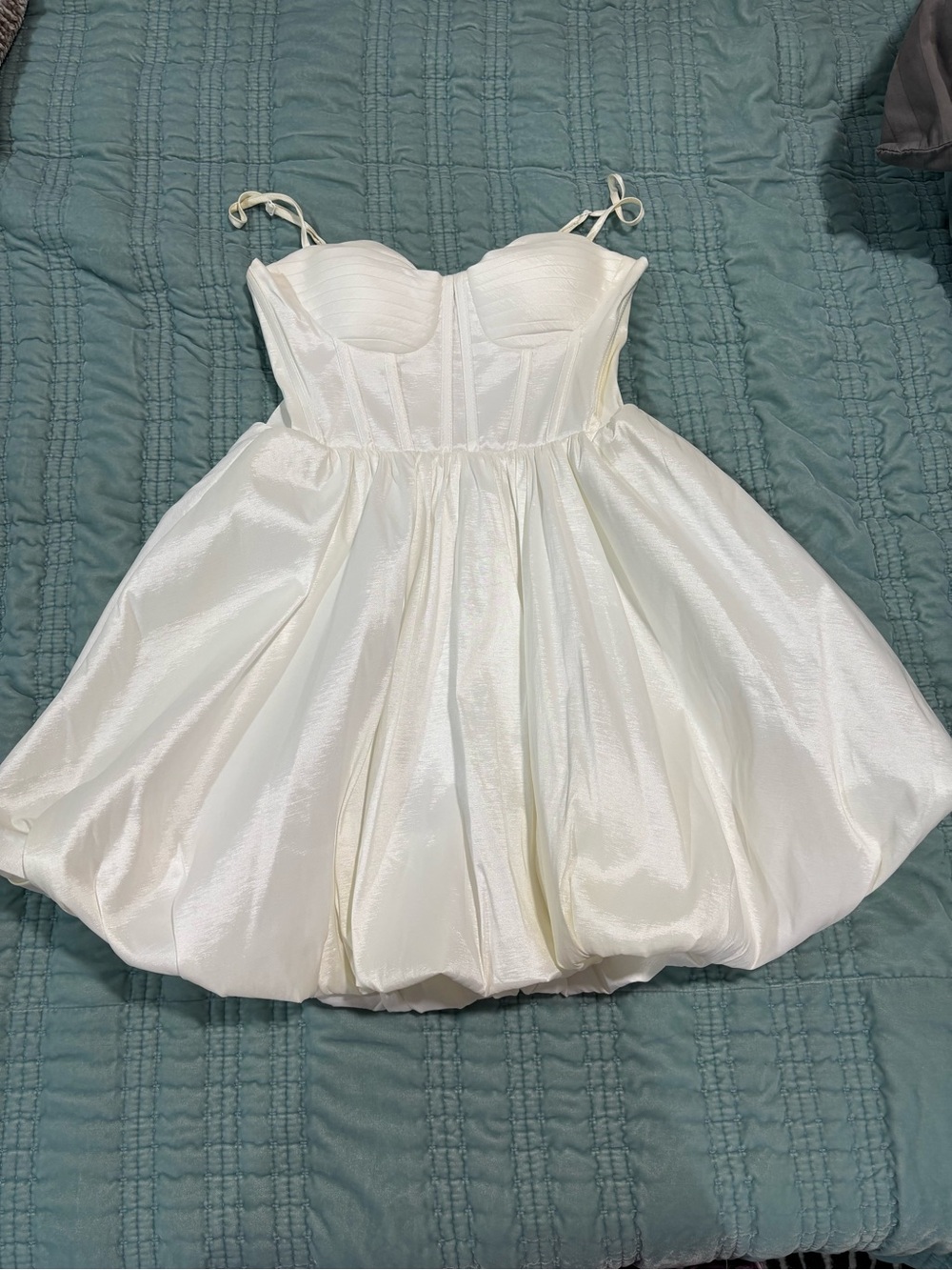 B Darlin White Satin Bubble Party Dress with Spaghetti Straps